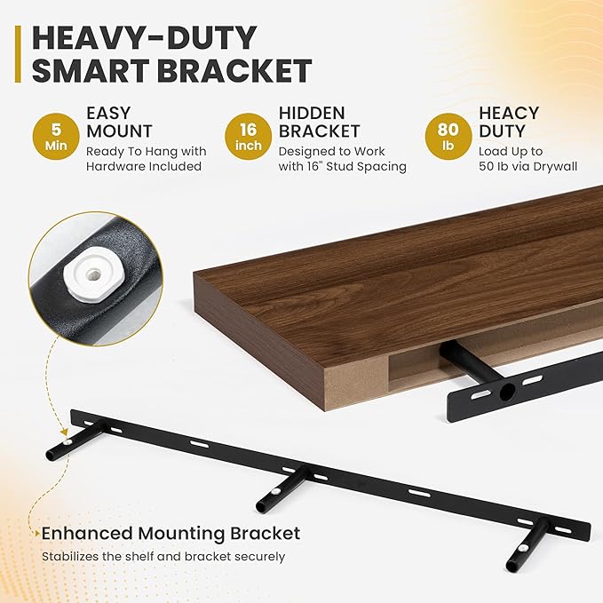 Acovy 48 Inch Floating Shelves, 9.3" Deep Floating Shelf Wall Mounted, 48" Wall Shelves, Rustic Deep Bookshelf, Large Display Shelves & Storage Shelves for Bedroom, Living Room, Walnut, Set of 1