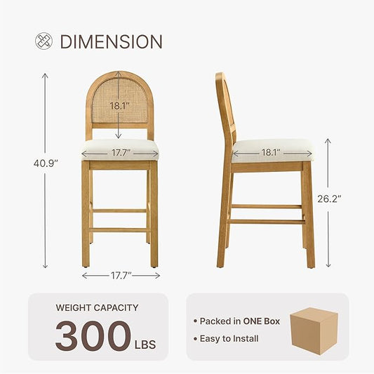 Rattan Counter Height Bar Stools Set of 2, Upholstered Farmhouse Barstools with Natural Rattan Back, Wooden Legs for Kitchen Island, Walnut/Linen