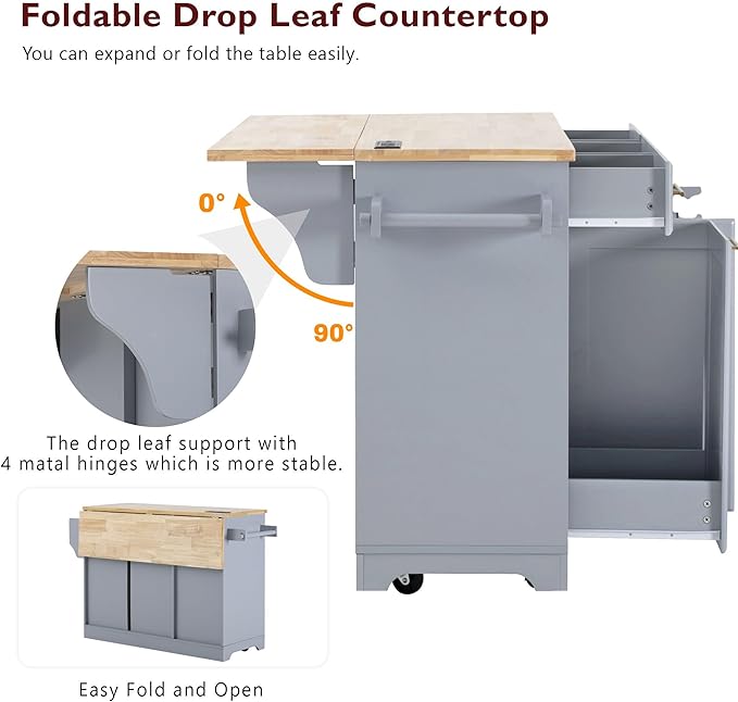 59.3" Kitchen Island with 2 Pull Out Cabinet Organizers & Rubber Wood Drop Leaf, Rolling Kitchen Island with Trash Can Storage, Power Outlet, Spice & Towel Rack for Kitchen, Dining, Grey Blue