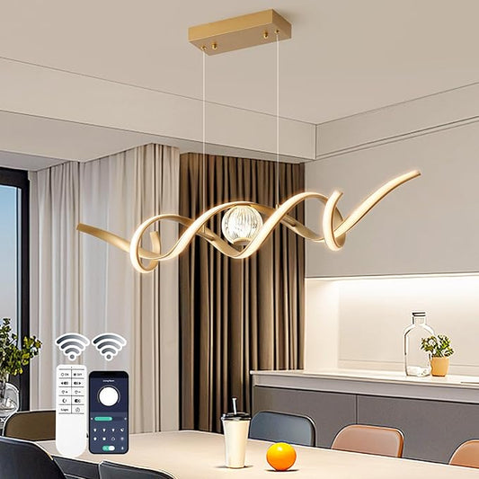 ORANOOR LED Modern Chandeliers for Dining Room, 39in Dimmable Gold Chandelier Kitchen Pendant Lighting Over Island, Linear Wave Spiral Pendant Light Fixtures Dining Room Lights Ceiling Hanging, 36W