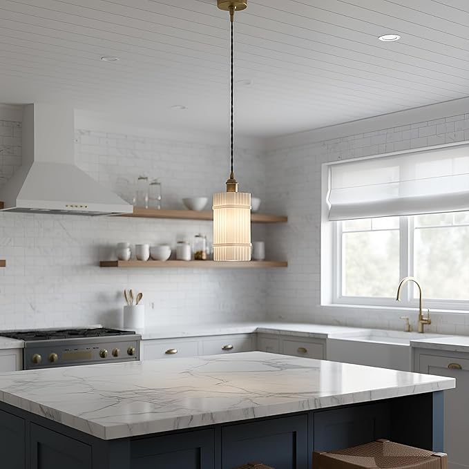 3Pack Milk Glass Striped Kitchen Island Pendant Lights, Vintage Dining Room Light Fixture - Adjustable Hanging Light Set for Dining Room, Bedside, Vanity Area, Hallway & Entryway