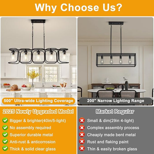 40" Dining Room Light Fixture/Chandelier Over Table, 5-Light Black Kitchen Island Lighting with Clear Glass Shade Farmhouse Linear Hanging Pendant Lights Fixture for Kitchen Island Dining Room Bar