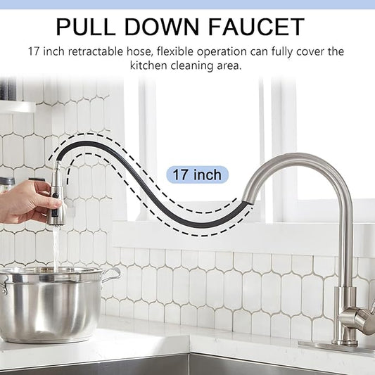 SHACO Kitchen Faucets, Kitchen Sink Faucet with Pull Down Sprayer, Brushed Nickel Stainless Steel Single Handle Pull Out Faucet for Kitchen Sink, SC-KYT010L-D