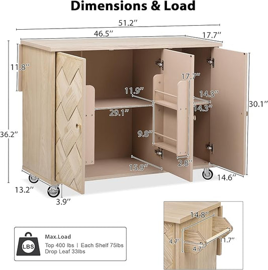 RUNNA 51.2" W Ash Veneer Solid Wood Handwoven Kitchen Island with Drop Leaf, Coastal Kitchen Island on Wheels with Internal Storage Rack, Rolling Kitchen Cart (Natural Wood#016)