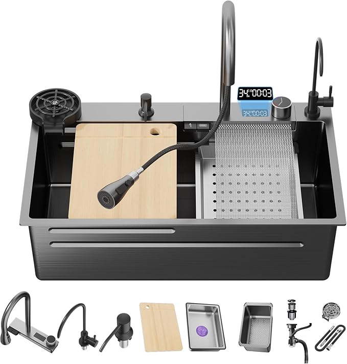 Smart Waterfall Kitchen Sink 33 Inch, Black Stainless Steel Workstation Sink with Digital Display Faucet, Drop In Single Bowl Kitchen Sink with Accessories, Modern Deep Kitchen Sink