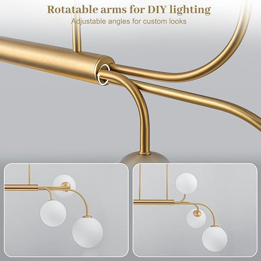 LamQee 41 Inch Mid Century Modern Linear Chandelier, 6 Lights Milk Glass Globe Chandeliers Light Fixture with Gold and White Ball, Large Pendant Lighting Ceiling Hanging for Dining Room Kitchen Island