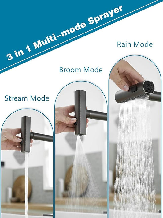 Kitchen Faucets with Pull Down Sprayer,Waterfall Kitchen Sink Faucet,Commercial Utility Stainless Steel Kitchen Faucets,Single Handle Kitchen Sink Faucet with Pull Down Sprayer for 3 Function,Grey
