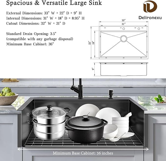 33x22 Black Drop In Kitchen Sink, Delironexu 16 Gauge 304 PVD Black Stainless Steel Single Bowl Top Mount Kitchen Sink, 33 Inch Black Kitchen Sink Workstation with 6 Accessories