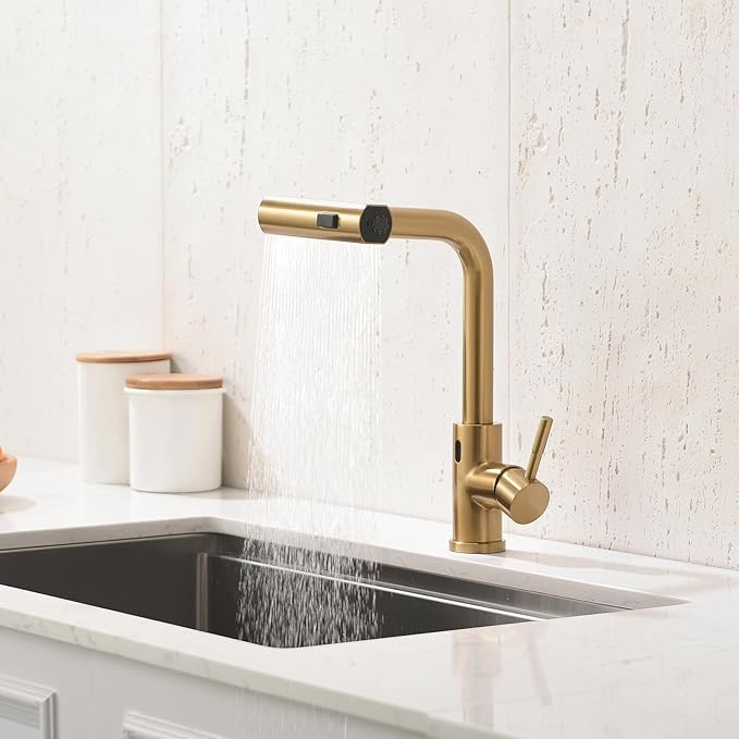 CENOSA Touchless Kitchen Faucet Motion Sensor Hands Free Single Handle Kitchen Sink Faucet with Pull Down Sprayer Brusshed Gold