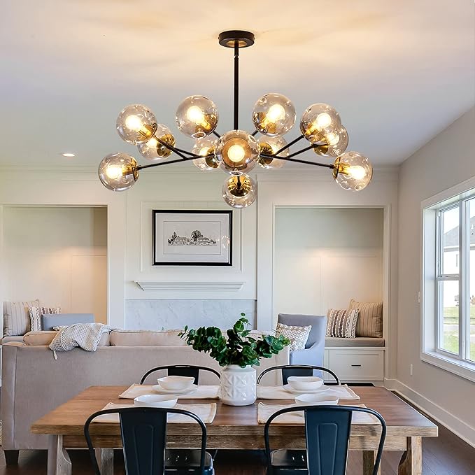 SZXYKEJI 12-Light Glass Chandelier,Large Sputnik Chandeliers for High Ceilings, Rustic Ceiling Lighting Fixture Pendent Light for Kitchen Dining Room Living Room Bedroom Office (Black).