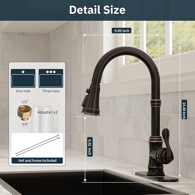 BWE Solid Brass Kitchen Faucet, Oil Rubbed Bronze Kitchen Sink Faucet with Pull Down Sprayer, 3 Spray Modes, Single Handle High Arc, with Deck Plate, Commercial/Farmhouse/Bar Sink Faucet