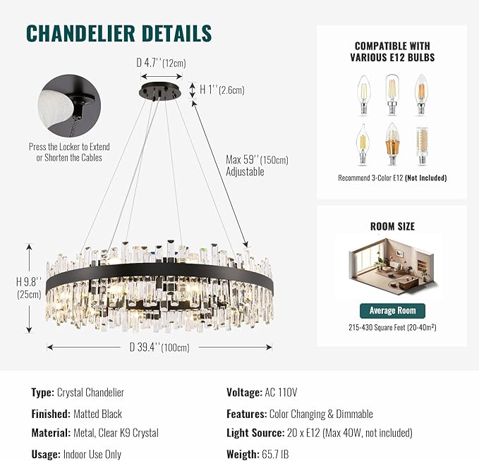 Siljoy Modern Crystal Chandelier Farmhouse Black Round 2-Tiers K9 Crystal Raindrop Chandelier Adjustable Flush Mount Crystal Ceiling Light for Dining Living Room Entryway Foyer E12x20, D39.4''