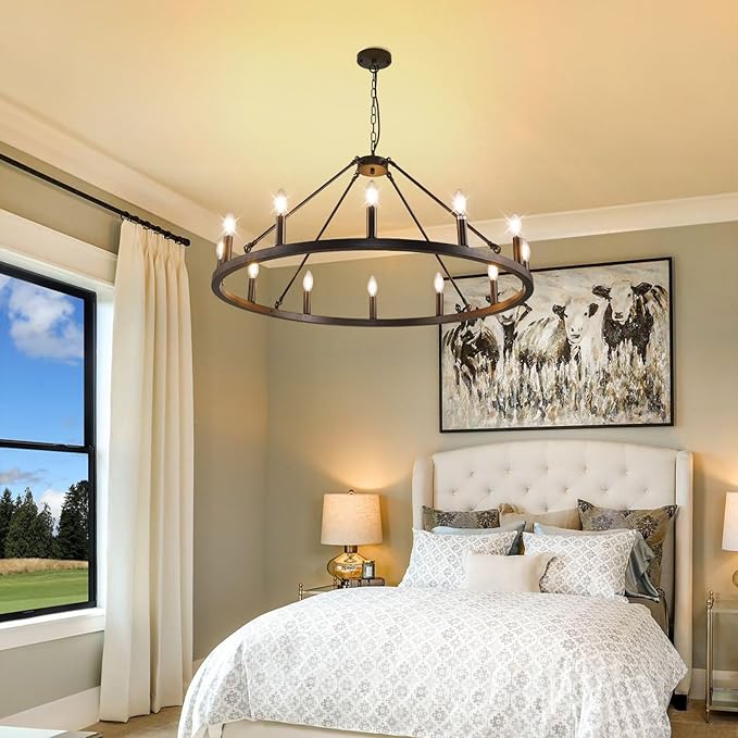 12-Light Black Farmhouse Chandelier, Large Wagon Wheel Chandeliers, Rustic Entryway Lighting Fixture, Foyer Chandeliers for High Ceilings, Round Chandelier for Living Room, Bedroom, Kitchen Island