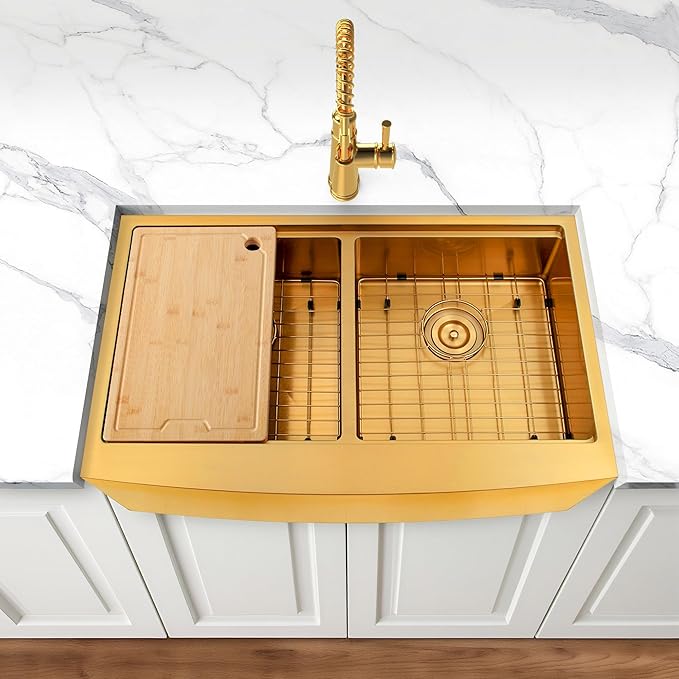 Gold Farmhouse Sink 33" X 20",Gold Kitchen Sink Double Bowl,33 inch Apron-Front Farmhouse Workstation Sinks,16 Gauge Stainless Steel Double Kitchen Sink