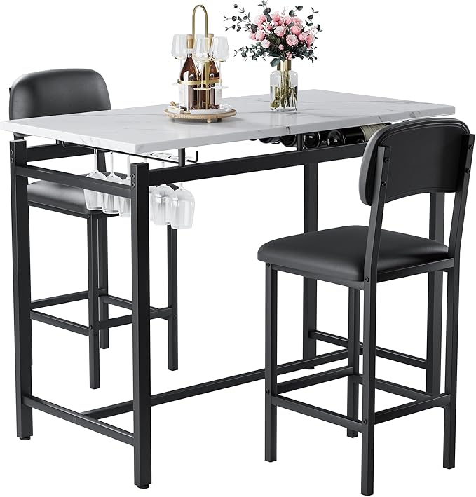 Modern Bar Height Table and Chairs Set - Compact Bar Table and Chairs for 2, Perfect as Small Kitchen Table, Kitchen Island with Seating, or Dining Table with Chairs (Black)