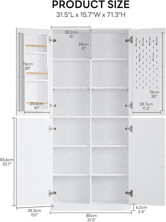 IRONCK 71" Kitchen Pantry Storage Cabinet with Storage Rack, Pegboard Doors, 4 Adjustable Shelves, Food Pantry Cabinet, Freestanding Tall Cupboard for Dining Room, Kitchen, White