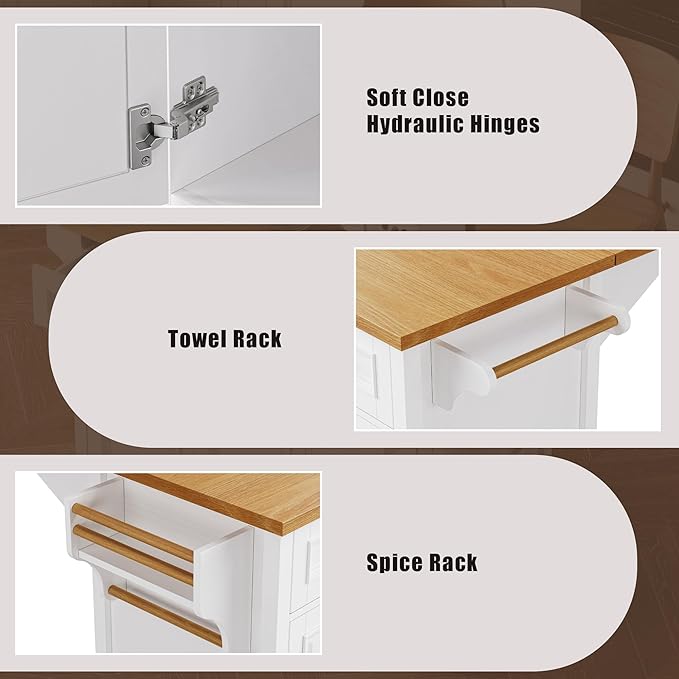 Kitchen Island with Drop Leaf, Embossed Texture Kitchen Island on Wheels with Spice Rack,Towel Rack, 2 Doors and 5 Drawers, Kitchen Storage Cart with Adjustable Shelf for Kitchen (White@093)