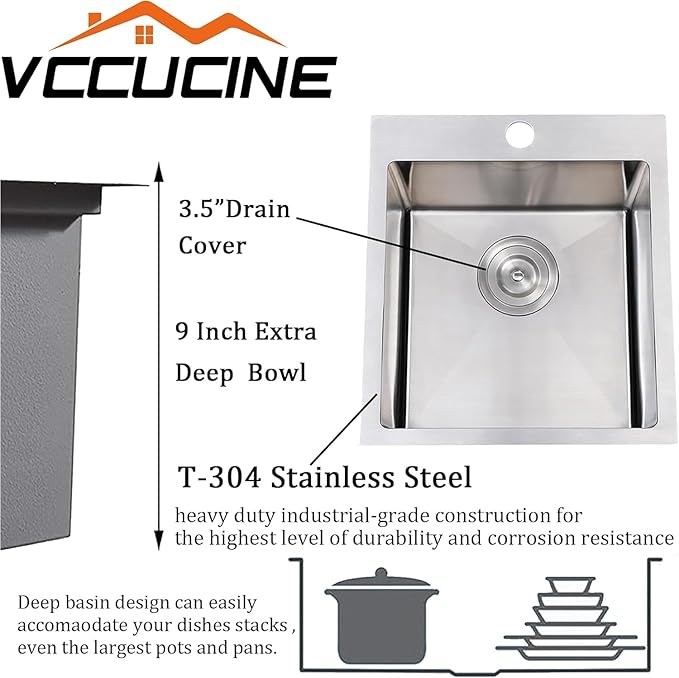 VCCUCINE Bar Sink Drop in, 15 x 17 Inch Topmount RV Small Kitchen Sink, 16 Gauge Overmount Stainless Steel Laundry Wet Bar Sink, Top Mount Outdoor Single Bowl,Brushed Nickel Prep Sink with Accessories