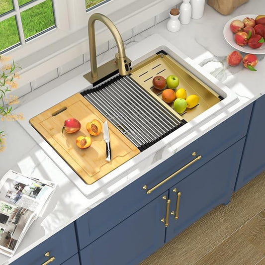 33 Waterfall Kitchen Sink Drop In - Lordear 33x22 Kitchen Sinks White Quartz Granite Composite Multifuctional Workstation Single Bowl Topmount Sink with Pull Out Faucet