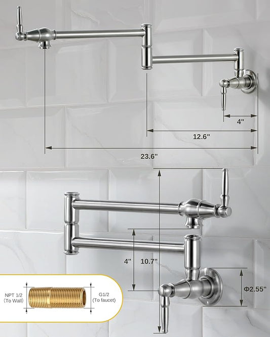 Pot Filler Faucet Brushed Nickel: Solid Brass Wall Mount Heavy Duty Stove Pot Filler with Double Joint Swing Arms - Single Hole Commercial Folding Stretchable Faucet 2 Handles for Kitchen Restaurant