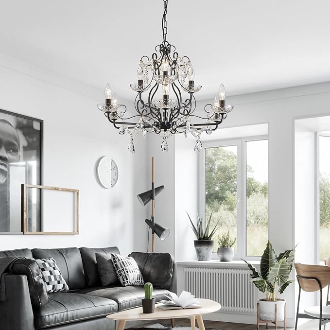 WUZUPS 9-Light Crystal Candle Chandelier Pendant Flushmount Ceiling Light Modern Lighting Fixture for Bedroom Hallway Bar Kitchen Bathroom, H 18.1" x W 25.6", Black, E12 Base