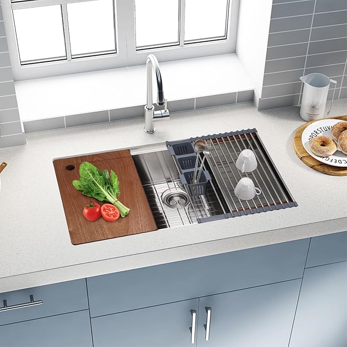 SANYCASA 32" x 19" Multifunctional Undermount Workstation Kitchen Sink S304 Stainless Steel Handmade Modern Single Bowl Kitchen Sink with Accessories and Integrated