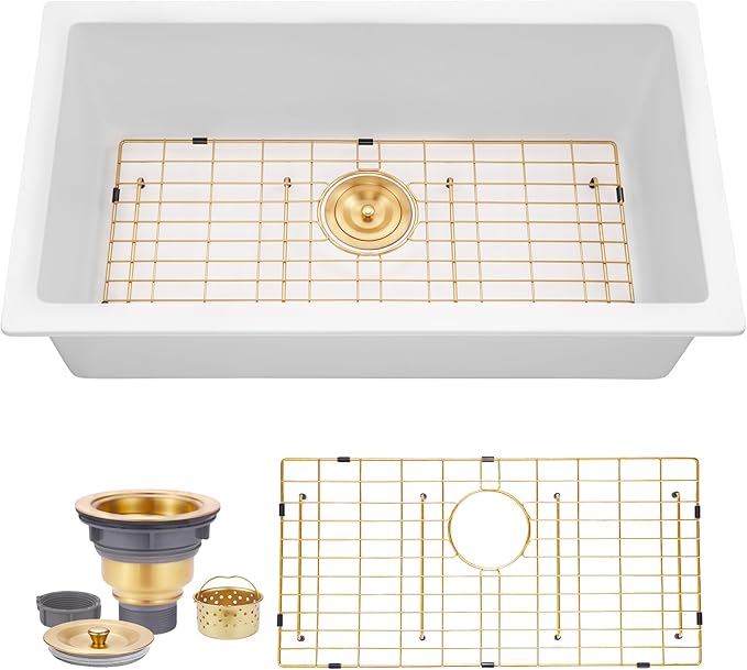 Kitsitchen White Undermount Kitchen Sink, Granite Composite Kitchen Sink with Drain Assembly & Bottom Gird,33 Inch Quartz Stone Kitchen Sink (White, 33"x18")