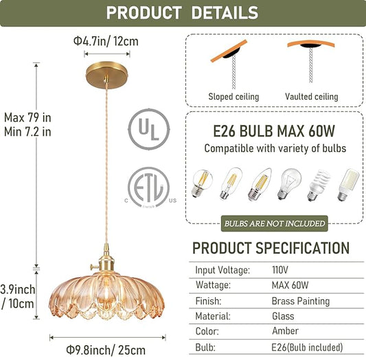 Pendant Lights Kitchen Island,Amber Glass Vintage Light Fixtures,9.8inch E26 Adjustable Hanging Light Flower Finish Ceiling Hanging Lamp for Bedroom Living Room Hallway 1 Light