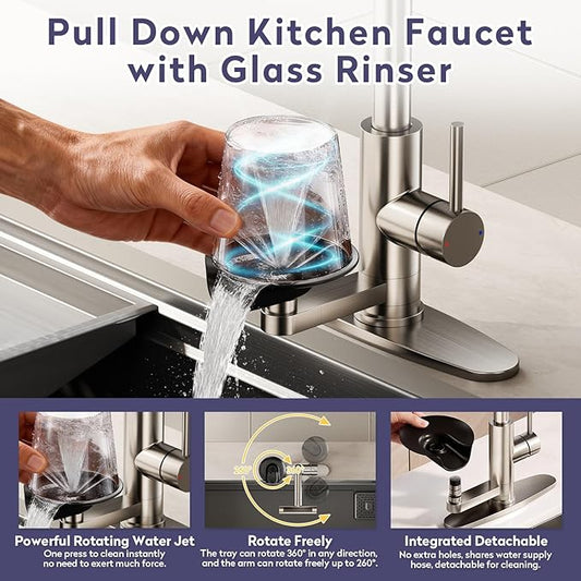 HOWUWEY Kitchen Faucet with Pull Down Sprayer & Cup Washer, Glass Rinser Faucet for Kitchen Sink, Single Handle Waterfall 1 or 3 Hole Tap for Bar Sink Farmhouse Camper Laundry Rv (Brushed Nickel)