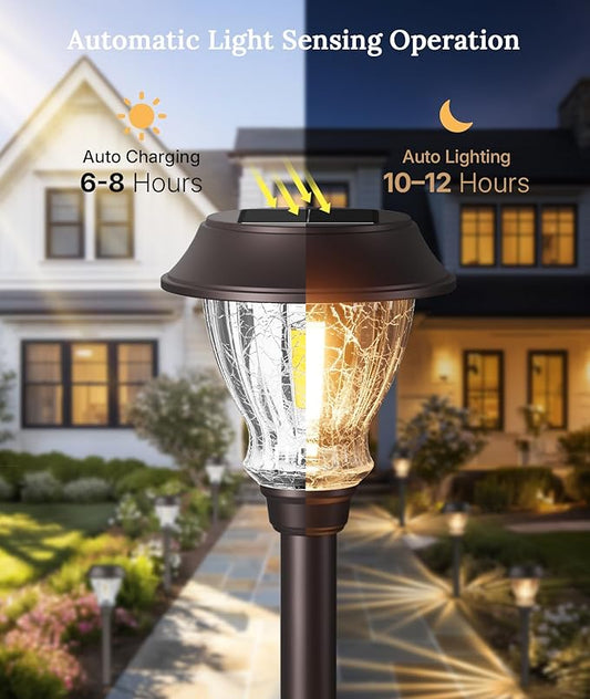 XMCOSY+ Solar Pathway Lights Outdoor, 6 Pack Auto On/Off Garden Lights with Crackled Glass, Integrated Vintage LED Weather-Resistant Stainless Steel Landscape Lighting for Yard Walkway (Warm White)