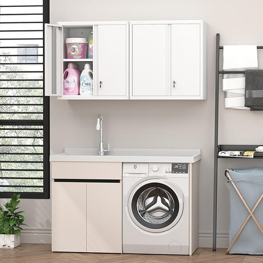 Metal Storage Cabinet with Lock, Kitchen Cabinets Wall Mounted, Steel Wall Cabinet with Doors and Shelves, Hanging Cabinet for Laundry, Pantry, Home Office, White
