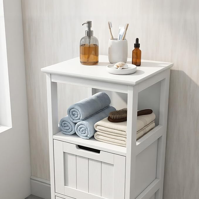 Casaphoria 2-Drawer Bathroom Floor Cabinet, Wooden Storage Organizer with Side Rack, Freestanding Stand Table for Bathroom, Hallway, White