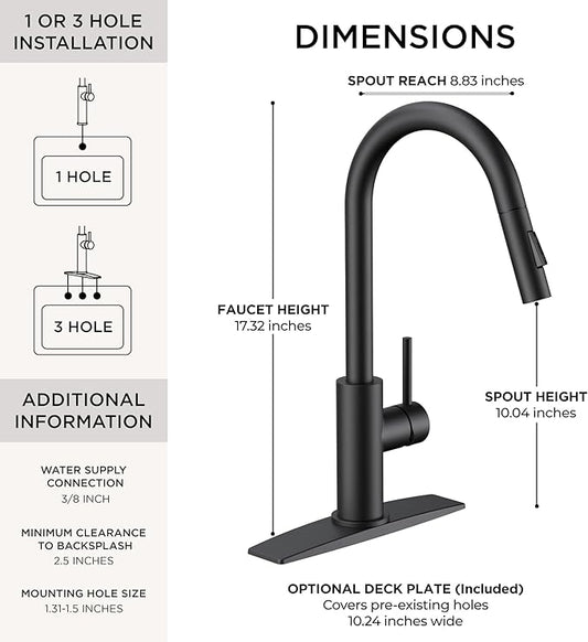 FORIOUS Black Kitchen Faucet with Pull Down Sprayer,Stainless Steel High Arc Gooseneck Modern Sink Faucet with CUPC Ceramic Cartridge, Single Handle Stainless Steel and Deck Plate