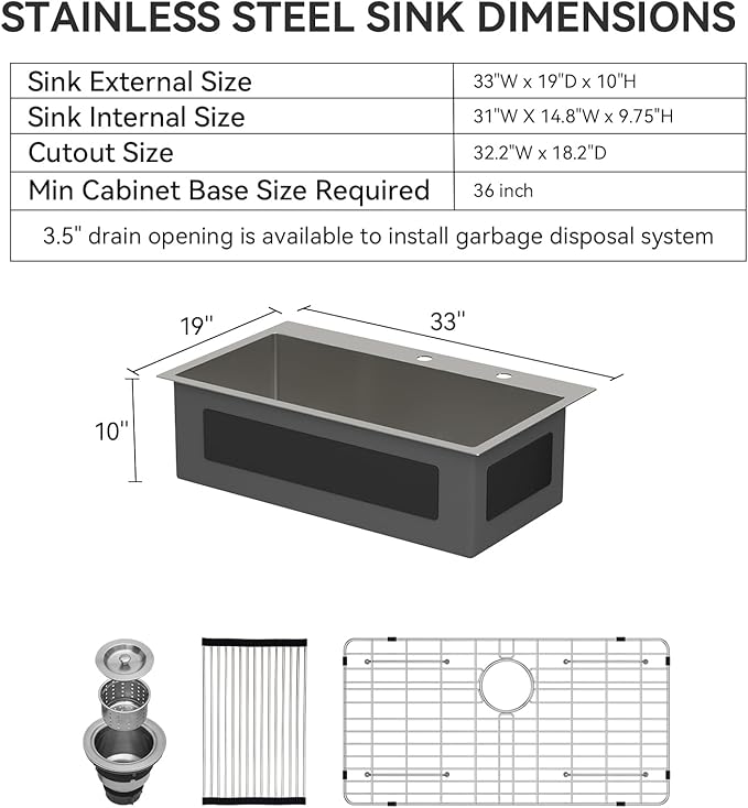 Lordear 33x19 Inch Drop In Kitchen Sink Stainless Steel Topmount Sinks T304 16 Gauge Single Bowl Above Counter 10 Inch Basin