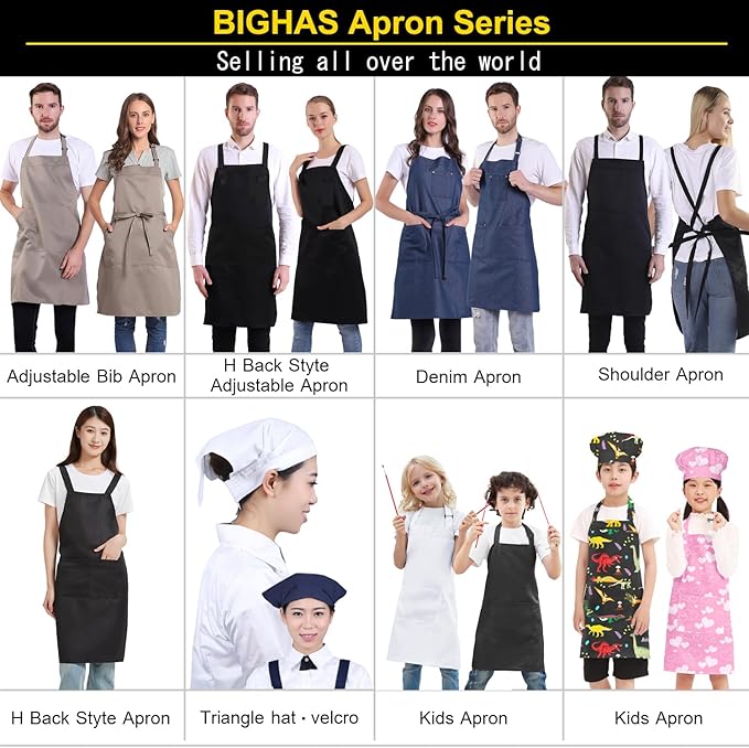 BIGHAS Adjustable Bib Apron with Long Ties for Women Men 18 Colors Chef Kitchen Cooking