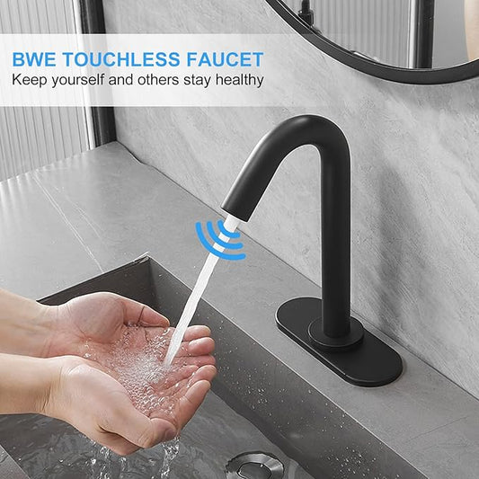 BWE Touchless Bathroom Sink Faucet, Black Automatic Motion Sensor Faucet,Hand-Free Electric Smart Commercial Sink Faucet,with Hole Cover Plate and Control Box,Battery or Plug-in Powered