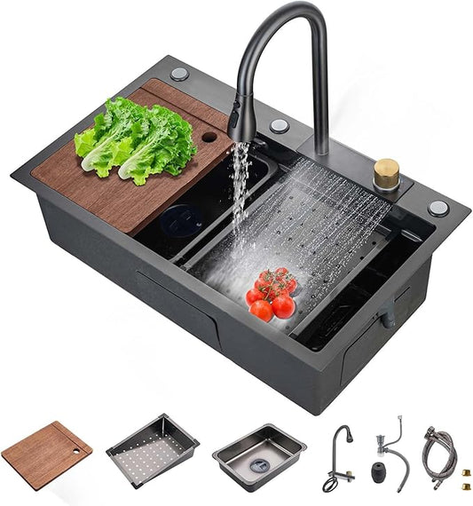 30" Black Drop In Waterfall Kitchen Sink Workstation Single Bowl Stainless Steel Honeycomb Waterfall Sink Modern and Highly Durable Multifunctional Top Mount Kitchen Sinks with Pull-Down Faucet