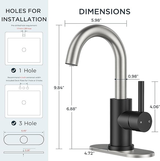 FORIOUS Black and Brushed Nickel Bathroom Sink Faucet 1 or 3 Hole with Metal Pop Up Drain and Hoses, Single Handle Vanity Faucet for Bathroom Bar Kitchen RV, 360° Swivel High Arc Spout