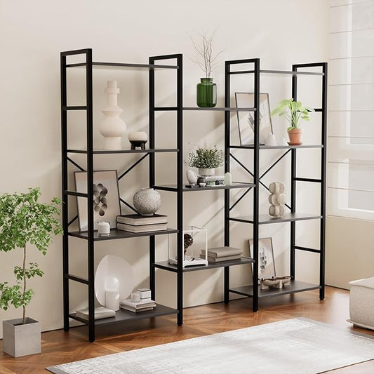 GRUSIGN Triple 4 Tier Book Shelf, Modern Bookcase Shelf, Freestanding Large Display Shelves for Living Room/Office/Garage, Stable Large Bookshelf with Storage for Books/LEGO/Plants, Black