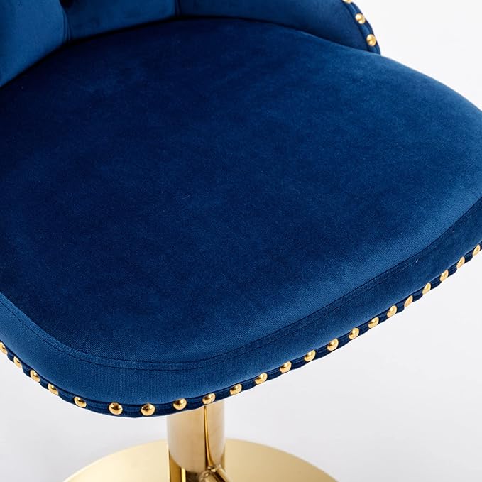 Rhomtree Velvet Swivel Bar Stools Upholstered Bar Stool with Button Tufted Back and Pull Ring Height Adjustable Barstools 25-33 Inch for Home Pub and Kitchen Island (Blue with Gold Base, Set of 2)