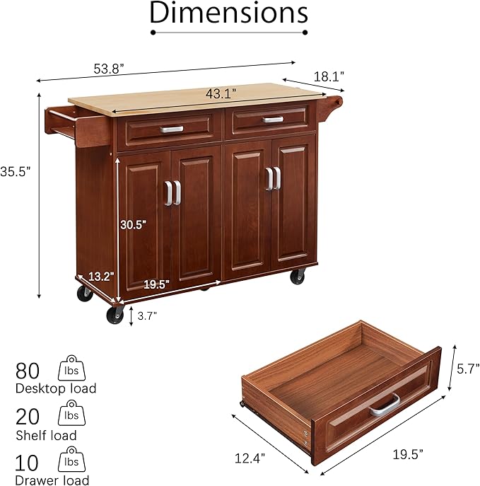 GOWE 54'' Portable Kitchen Island Cart on Wheels Wood Storage Cabinet with 2 Drawers, Spice Rack & Towel Rack, Walnut 53.78''W x 18.11''D x 35.47''H.