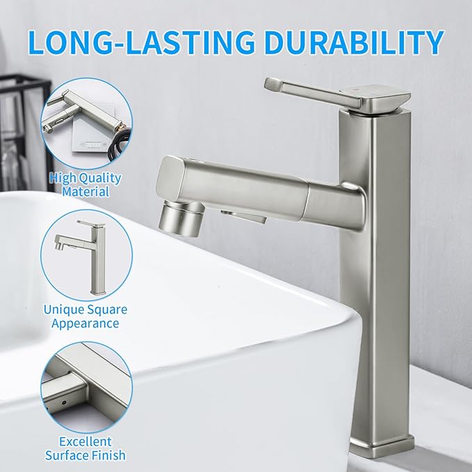 HANLIAN Single Hole Bathroom Pull Out Faucet with Rotating Spout, One Handle Faucet for Bathroom Sink, Modern Bathroom Faucet with Pull Down Sprayer, 3 Modes Vanity Faucets (Brushed Nickel, Tall)