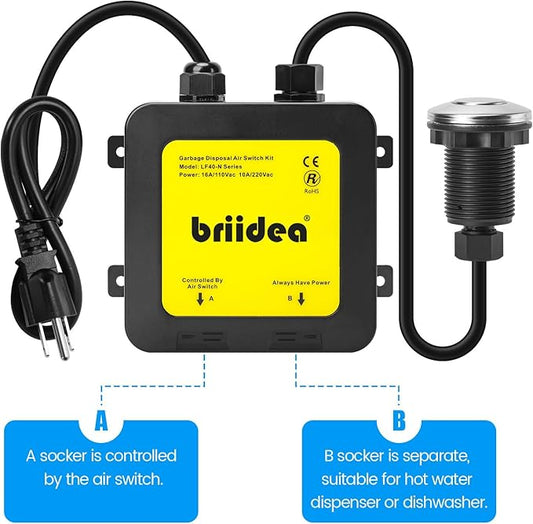 Garbage Disposal Air Switch Kit Dual Outlet Sink Top Waste Disposal Stainless Steel Polished On/Off Air Button Food and Waste Disposals Part by Briidea, UL Listed