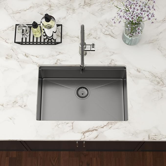 27 Inch Black Undermount Kitchen Sinks Workstation - Couoko Gunmetal Black 16 Gauge Stainless Steel Single Bowl Undermount Sink with Accessories, 27"x19"x9"