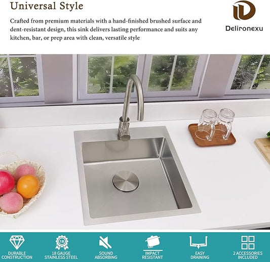 17 Inch Bar Sink Drop In – Delironexu Small Kitchen Sink, Modern 18 Gauge Stainless Steel sink with Brushed Finish, 17"x19"x6" Single Bowl kitchen Sinks for RV, Prep, and Outdoor Use