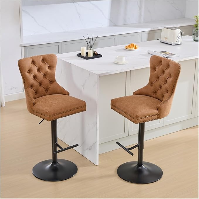 Aged and Retro PU Swivel Barstools Adjusatble Seat Height from 26-33 Inch, Modern Bar Stools with Backs Comfortable Tufted for Home Pub and Kitchen Island