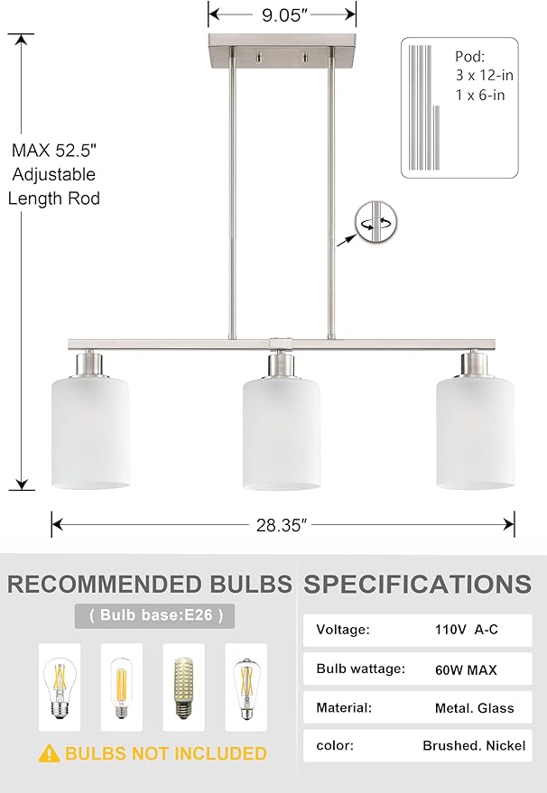 Doraimi Lighting 3 Light Linear Indoor Hanging Kitchen Island Light Brushed Nickel Finish Fixture,Modern 5.3" Frosted Glass Chandelier Shade for Bar Dining Room Kitchen Island Over Sink