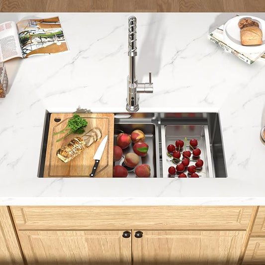 32 Undermount Kitchen Sink - 32"x17" Two-Tiered Ledge Workstation 16 Gauge Single Bowl Undermount Sink Stainless Steel All-In One Under Counter Sinks Upgraded Fast Drain & Anti-Clog #TLU-0031
