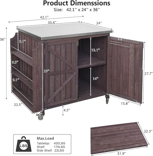 JIJIWANG 42.1" Outdoor Kitchen Island with Stainless Steel Top and Side Shelf, Outdoor Grill Cart with Storage Cabinet and Adjustable Shelves, Kitchen Cart on Wheels for Small Spaces Dark Brown
