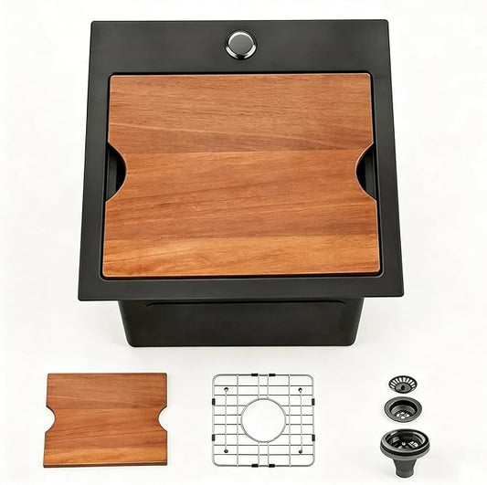 Friho 18x18 Black Stainless Steel Drop In Bar Sink, 9 Inch Deep Single Bowl Workstation Wet Bar Sink with Cutting Board & Strainer